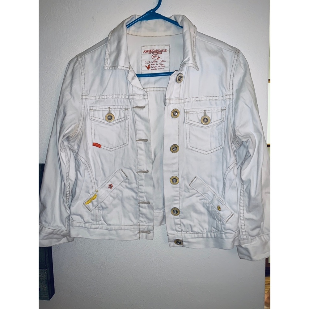 American Eagle White Embellished Jean Jacket